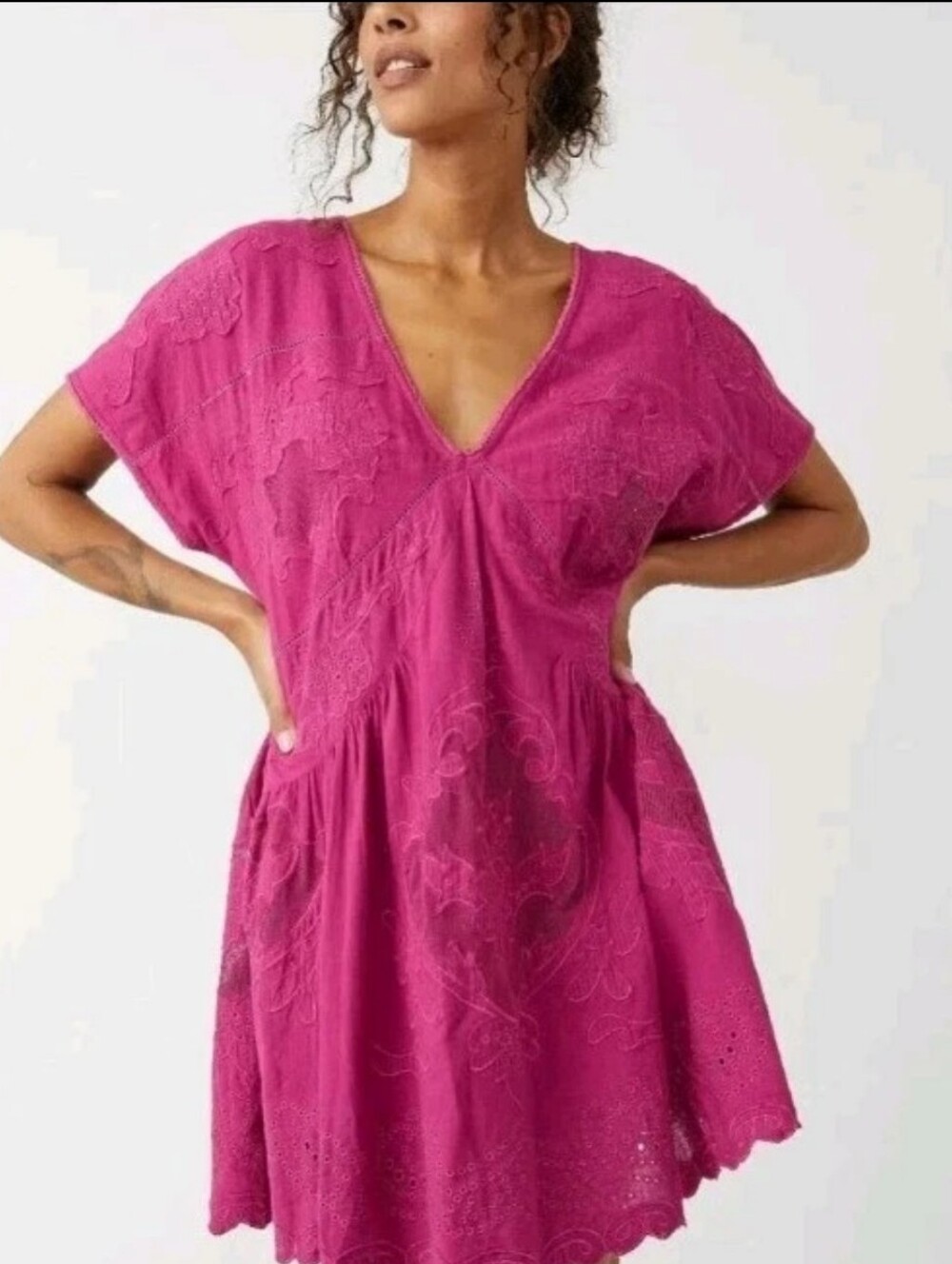 Free People Serenity Midi Dress In Dragonfruit Embroidered V-Neck Short Dress